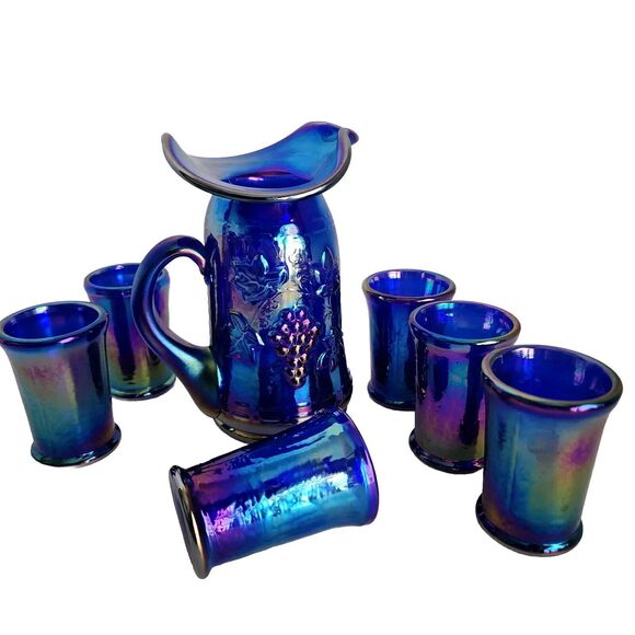 Vintage Gibson Carnival Glass Pitcher Glass Set Miniature Blue Irridecent 1996 - Picture 1 of 12